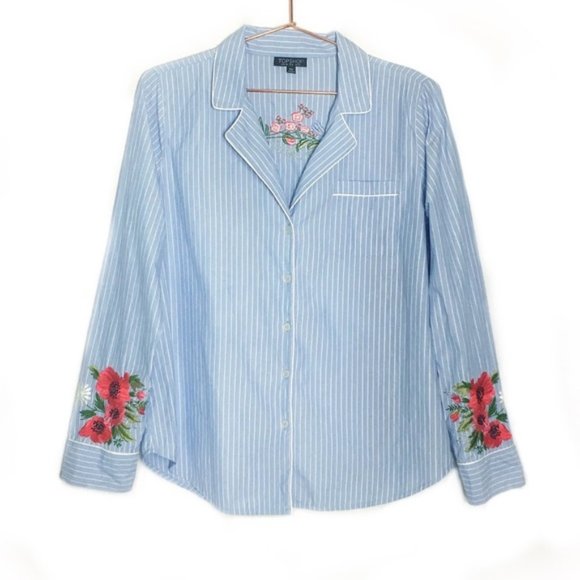 TopShop | Pinstripe Floral Embroidered Pajama Top - Picture 1 of 8